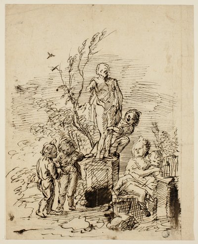 Kinder spielen in der Nähe einer Statue im Garten von John Vanderbank