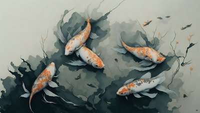 Tintenmalerei: Koi-Karpfen 03 von Josef Johann Michel
