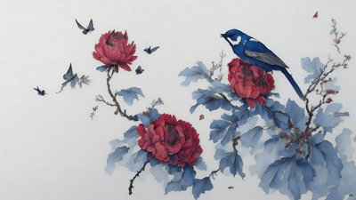Tintenmalerei: Pfingstrose in Blau 01 von Josef Johann Michel