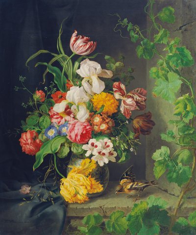 Blumenstillleben mit Spatz und Weinranke von Josef Lauer