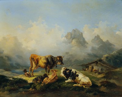 Alm mit Rindern von Joseph Heicke