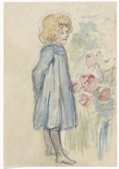Stehendes Mädchen bei einem Blumenbeet von Jozef Israëls