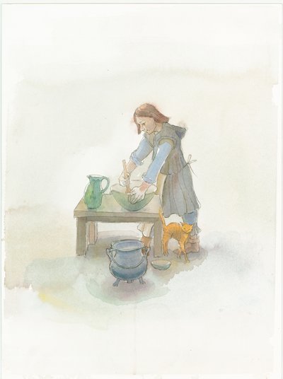 Ein mittelalterlicher Koch bereitet Essen zu, 2004 von Judith Dobie