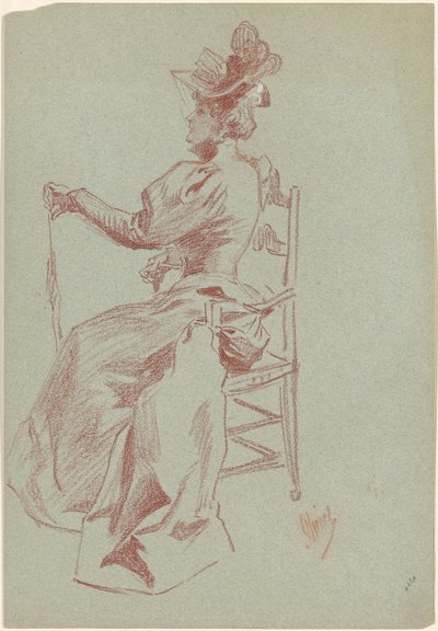 Elegante Dame auf einem Stuhl sitzend von Jules Cheret