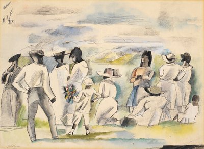 Gruppe von Figuren mit Junge, der Blumen hält von Jules Pascin
