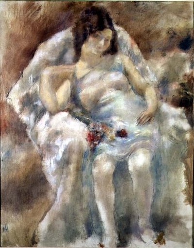 Junge Frau mit Blumen sitzend von Jules Pascin
