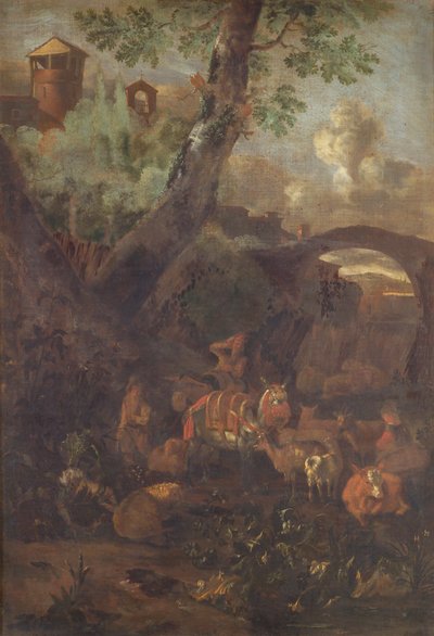 Landschaft mit Maultieren und Ziegen von KMS 980 Monogrammist I.L.