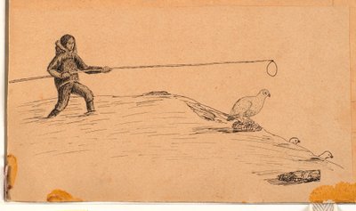 Schneehuhnfänger mit langer Stange und Schlinge von Kaarale Andreassen