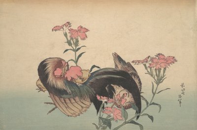 Hahn, Henne und Nadeshiko Dianthus Superbus von Katsushika Hokusai