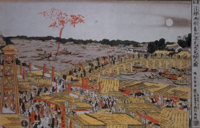 Feuerwerk an der Ryogoku-Brücke, ca. 1785 von Katsushika Hokusai
