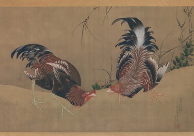 Kampfhähne, datiert 1838 von Katsushika Hokusai