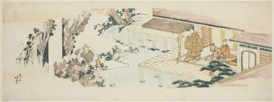 Diener wirft Bündel von Zweigen in den Wasserfall von Katsushika Hokusai