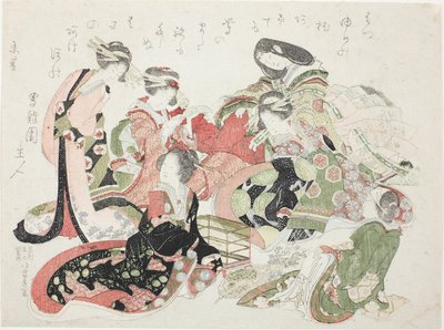 Sechs Frauen sitzen um einen Vogelkäfig von Katsushika Hokusai