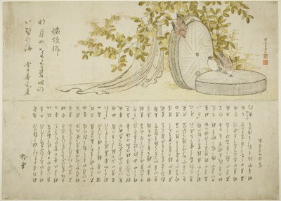Spatzen auf Mühlsteinen mit Hagi-Büschen von Katsushika Hokusai