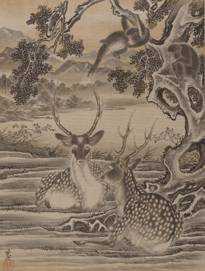 Hirsche und Affen, ca. 1887 von Kawanabe Kyosai