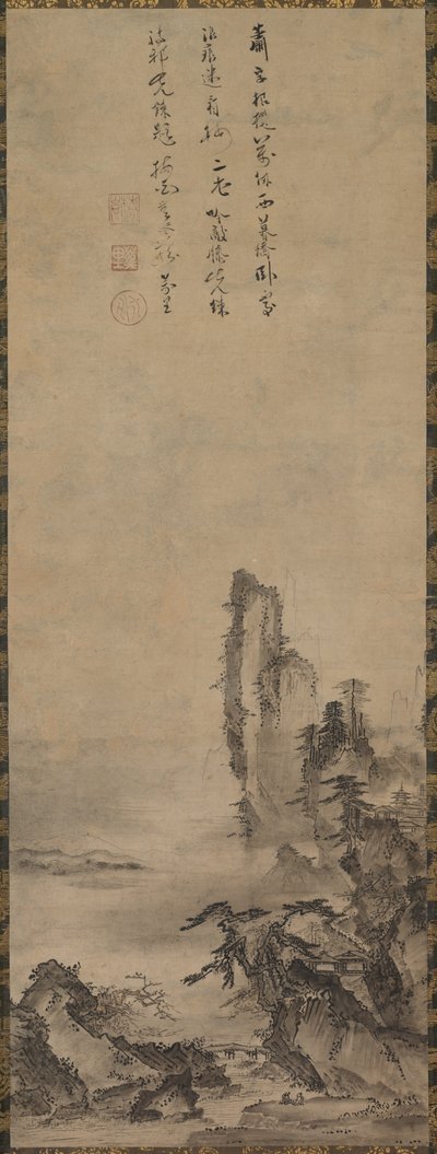 Einsamer Tempel und hoher Felsen, um 1480 von Kenkō Shōkei