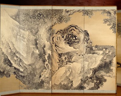 Sechsteilige Leinwand mit einem brüllenden Tiger von Kishi Ganku