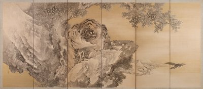 Sechsteilige Leinwand mit einem brüllenden Tiger, 1749-1838 von Kishi Ganku