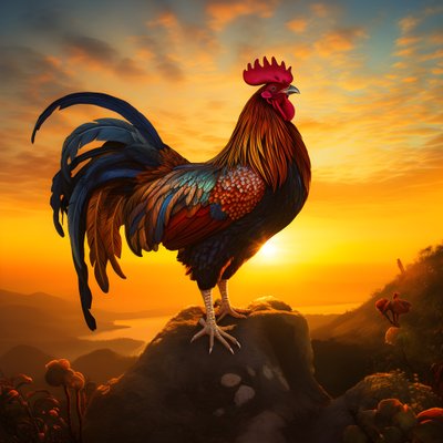 Ein krähender Hahn bei Sonnenaufgang von Kurt Heppke