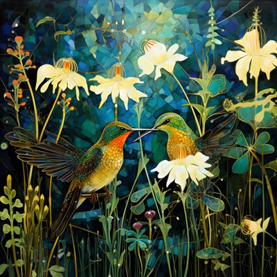 Kolibris und ein Frosch im Wald von Kurt Heppke