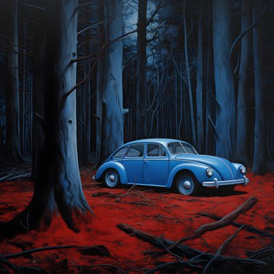 Blaues Auto in einem roten Wald von Kurt Heppke