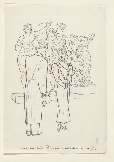 Frau und Mann vor drei Statuen von Leo Gestel