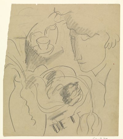 Frau riecht an Blumen in einer Vase von Leo Gestel