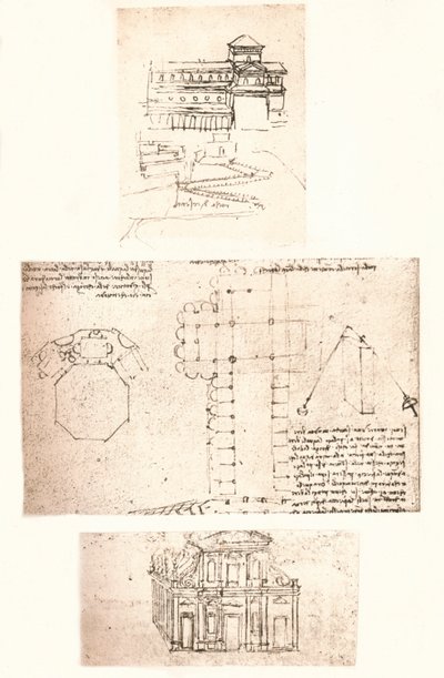 Drei Zeichnungen von Kirchen, um 1472-1519 von Leonardo da Vinci