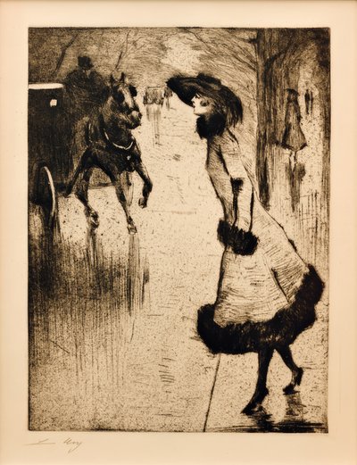 Dame, eine Pferdedroschke rufend von Lesser Ury