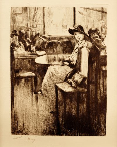 Junges Mädchen im Café mit Straßenblick von Lesser Ury