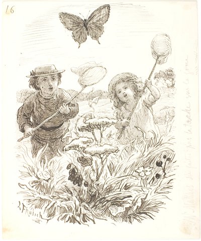 Die zwei Kinder fangen Schmetterlinge von Lorenz Frølich