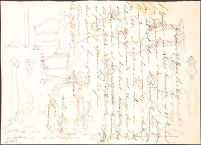 Möbelskizzen über einem Brief gezeichnet von Lorenz Frølich