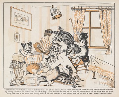 Katzen spielen mit Kisten in einem Raum von Louis Wain