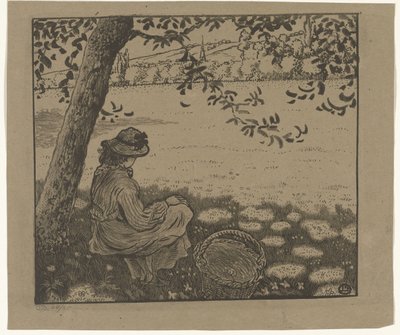 Mädchen unter einem Baum auf einer Wiese von Lucien Pissarro