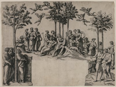 Apollo auf dem Parnass von Marcantonio Raimondi