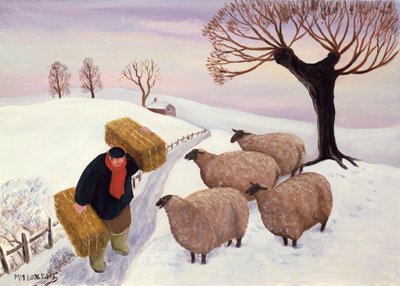 Heu zu den Schafen im Winter tragen von Margaret Loxton