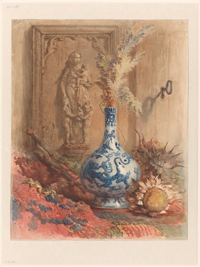 Stillleben mit chinesischer Vase und getrockneten Sonnenblumen von Maria Vos
