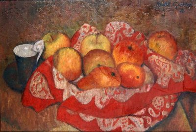 Äpfel und Birnen auf einem roten Tuch von Mark Gertler