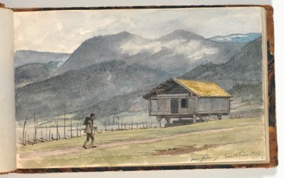 Gebirgslandschaft mit Hütte und Wanderer von Martinus Rørbye