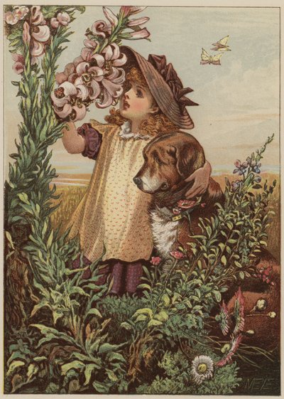 Mädchen mit Hund riecht Blumen von Mary Ellen Edwards