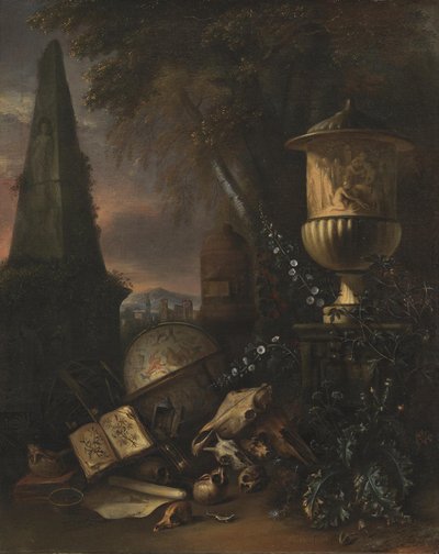Vanitas. Stillleben in einer Landschaft von Matthias Withoos