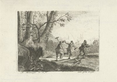 Landschaft mit drei tanzenden Bauern von Matthieu van Plattenberg