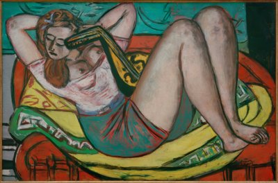 Frau mit Mandoline in Gelb und Rot von Max Beckmann