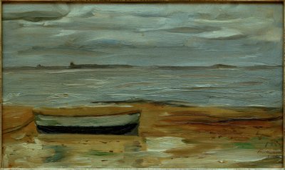 Strand mit grauem Kahn und grauem Meer von Max Beckmann