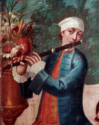 Flötenspieler (Bildschirmdetail, Gemälde) von Mexican School