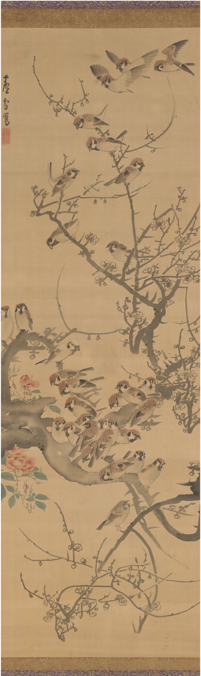 Spatzen in einem Pflaumenbaum, frühe 1790er Jahre von Nagasawa Rosetsu