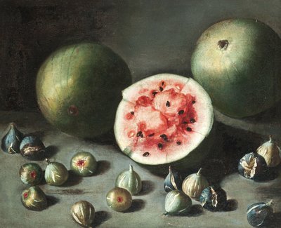Wassermelonen und Feigen auf einem Steinsims von Neapolitan School