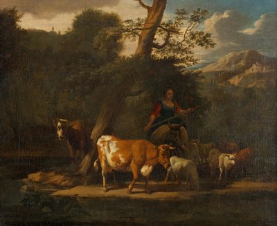 Hirtin mit Kühen unter einem Baum von Nicolaes Pietersz. Berchem
