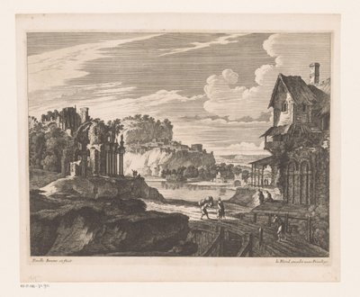 Landschaft mit Häusern und Ruinen entlang des Flusses von Nicolas Perelle