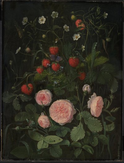 Stillleben mit Rosen und Erdbeeren von O.D. Ottesen